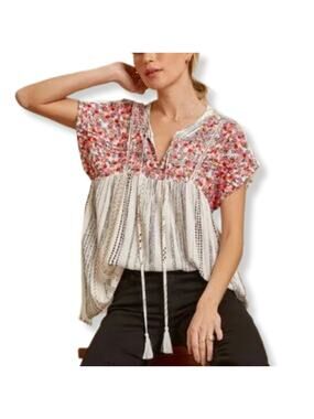 Savanna Jane Women Tunic Top S White Embroidered Floral Stripe Boho Hippie